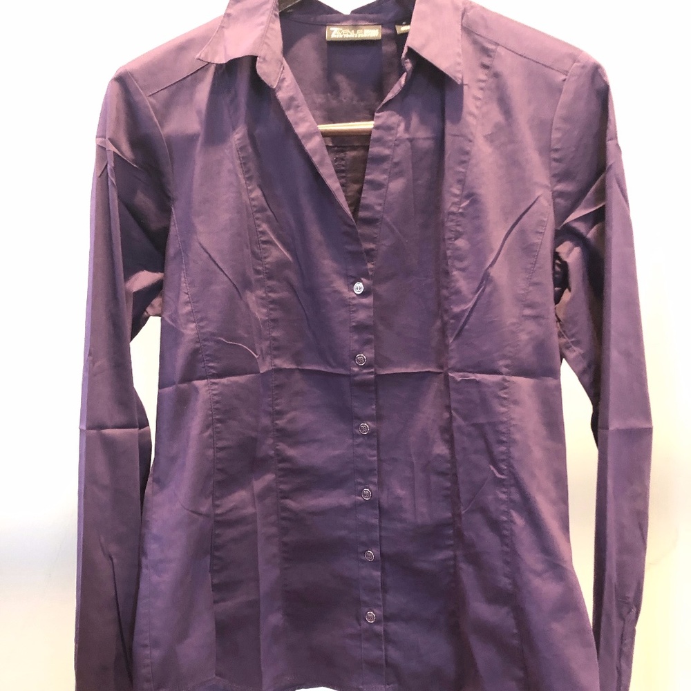 NY & Co Purple V-Neck Stretch Button-down